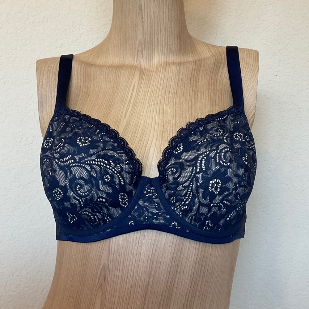 Soma EUC Enticing Lift Full Coverage Navy Lace Bra Nude Background 34D - Picture 3 of 16